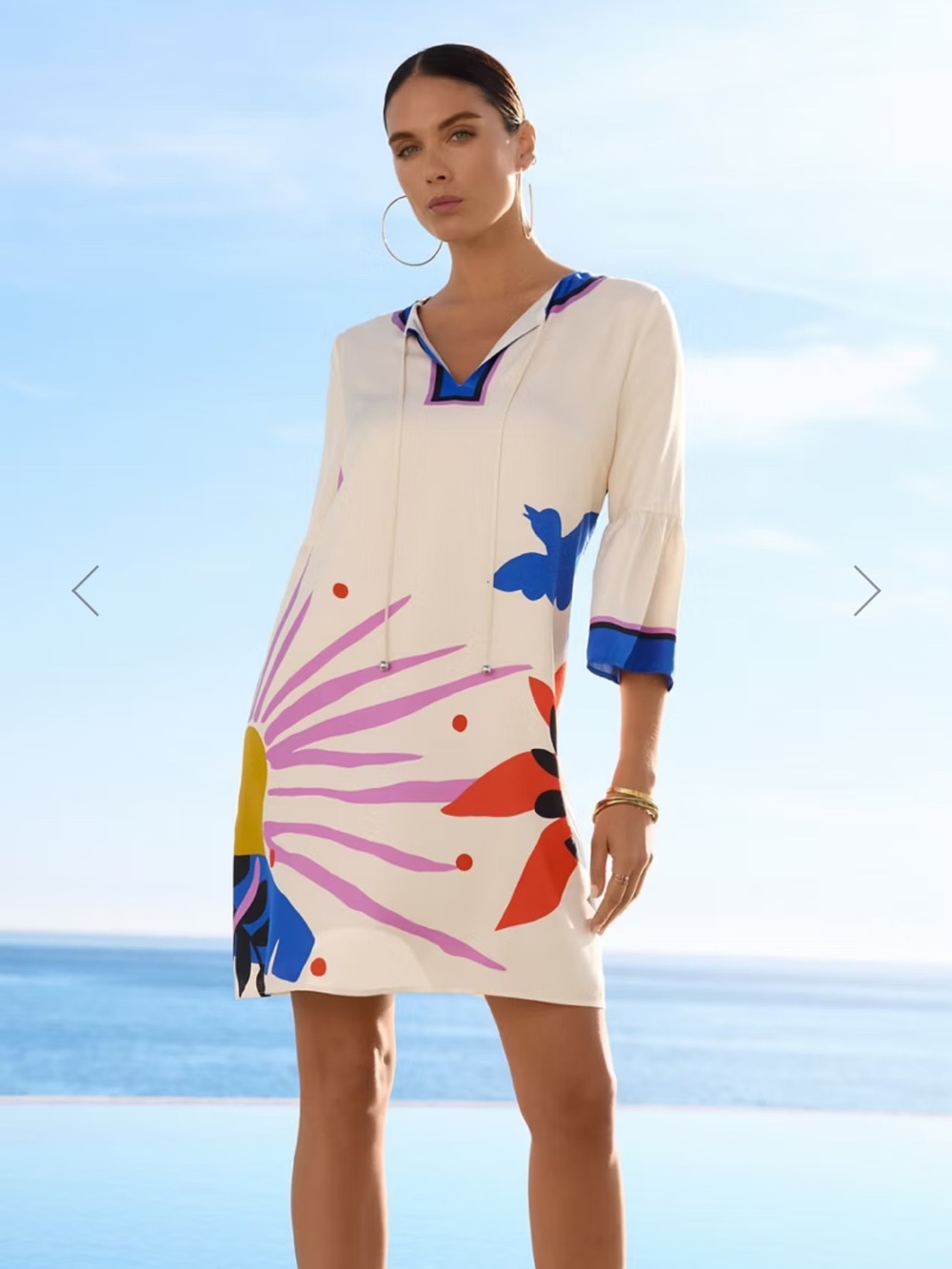 NWT Jade by Johnny Was Lorianne cream white blue silk graphic mini dress large - Picture 5 of 15